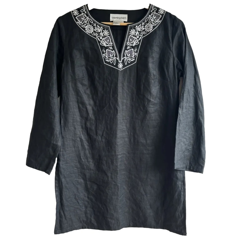 Bloomingdales linen black embroidered tunic top | 6P